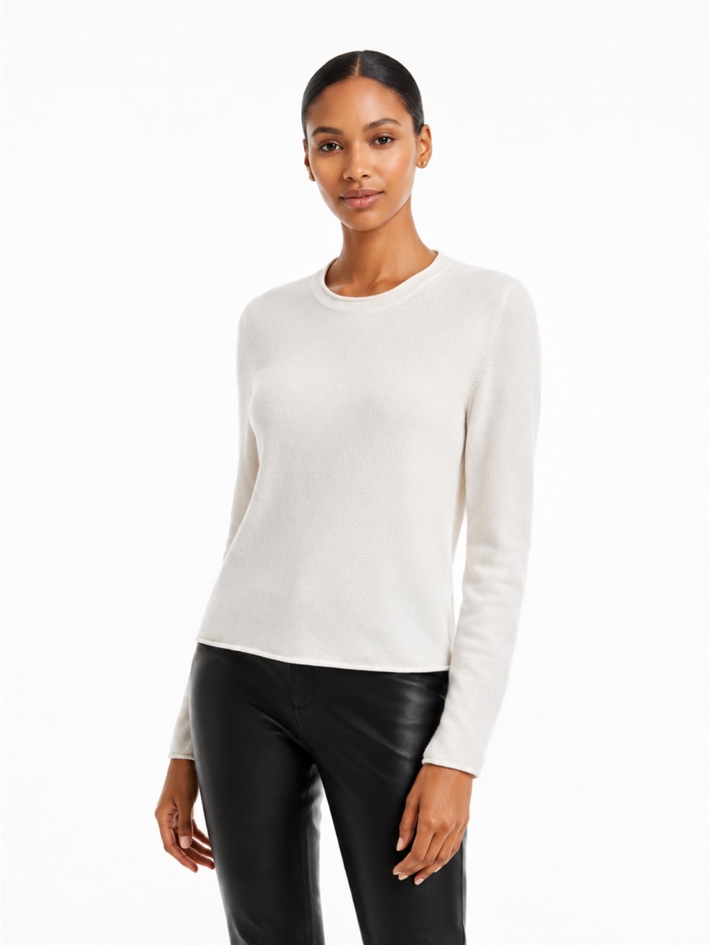 AQUA Cashmere Ivory Rolled Edge Sweater 100% Cashmere Size XS EUC!